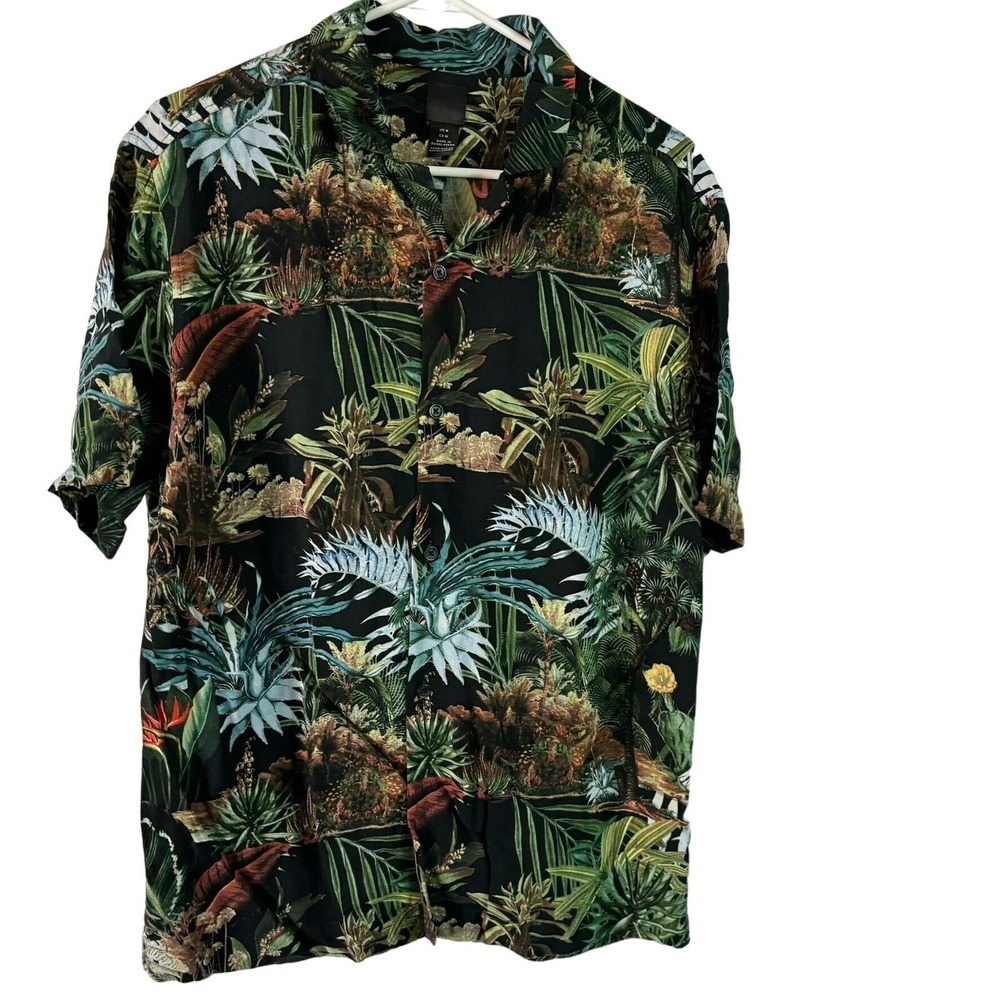 H&M Shirt Men's Medium Hawaiian Cotton Floral Black Button Front